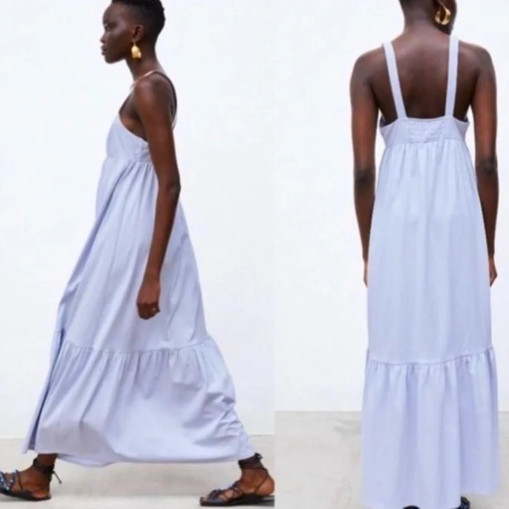 Zara Maxi with Keyhole Opening Smocked Back in Light Blue Size Large NEW! - Picture 2 of 9